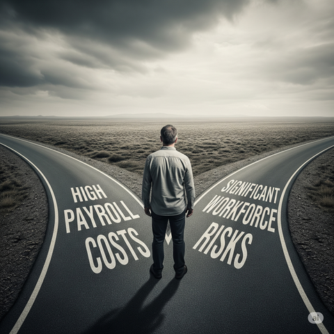 A man at a crossroads between 'High Payroll Costs' and 'Significant Workforce Risks'